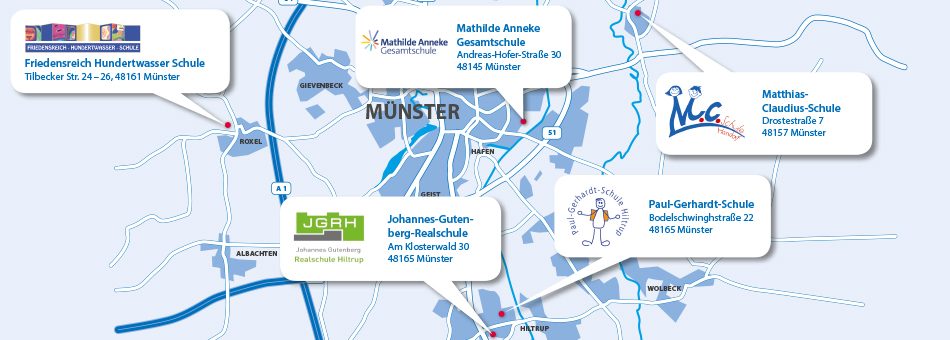 Standorte der Schulsozialarbeit des CVJM Münster im Stadtgebiet